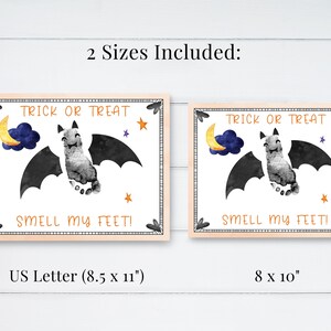 May include: Two printable Halloween signs featuring a bat with the text "Trick or Treat Smell My Feet!" in black and orange text. The signs are available in two sizes: 8.5 x 11 inches and 8 x 10 inches.