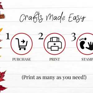 Pu&ograve; includere: Uno sfondo bianco con un bordo rosso e bianco a strisce. Il testo "Crafts Made Easy" &egrave; scritto in corsivo nero. Sono descritti tre passaggi: 1. Acquista, 2. Stampa e 3. Timbra. Ogni passaggio &egrave; rappresentato da un'icona nera all'interno di un cerchio rosso. Le icone sono un carrello della spesa, una stampante e un'impronta con una mano.