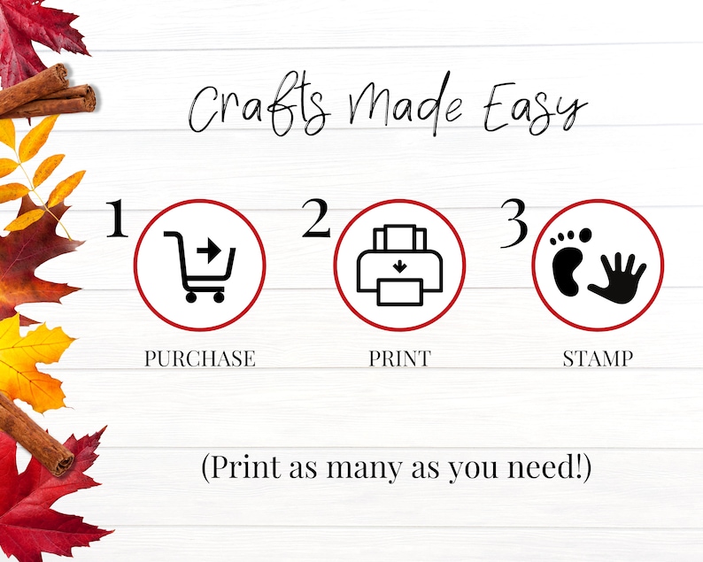 Pu&ograve; includere: Uno sfondo bianco con un bordo rosso e bianco a strisce. Il testo "Crafts Made Easy" &egrave; scritto in corsivo nero. Sono descritti tre passaggi: 1. Acquista, 2. Stampa e 3. Timbra. Ogni passaggio &egrave; rappresentato da un'icona nera all'interno di un cerchio rosso. Le icone sono un carrello della spesa, una stampante e un'impronta con una mano.