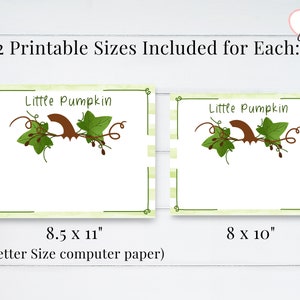 Op de afbeelding: Twee afdrukbare formaten van een afdrukbare kaart met een ontwerp van een groene wijnstok en een pompoen. De tekst "Little Pumpkin" staat bovenaan de kaart. De kaart is 8,5 inch bij 11 inch en 8 inch bij 10 inch.