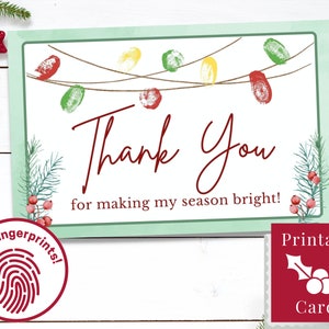 Cartões de agradecimento de Natal para crianças, impressão digital, presente de feriado do professor, conjunto de modelos de PDF, cartão dobrável em branco da criança