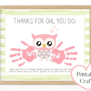 Custom Printable Thank You Card, Easy Owl Handprint Art Craft for Kids, End of Year Teacher Gift from Girl