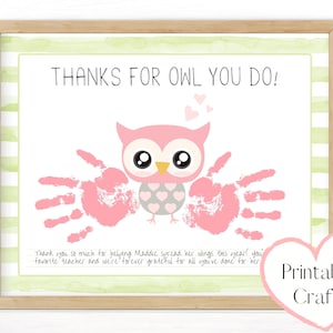 Custom Printable Thank You Card, Easy Owl Handprint Art Craft for Kids, End of Year Teacher Gift from Girl