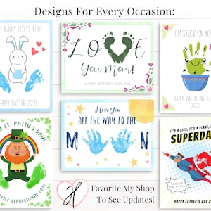 May include: A set of 10 printable cards featuring handprint art for different holidays. The cards include designs for Easter, Mother's Day, Valentine's Day, St. Patrick's Day, and Father's Day. Each card features a unique design and text.