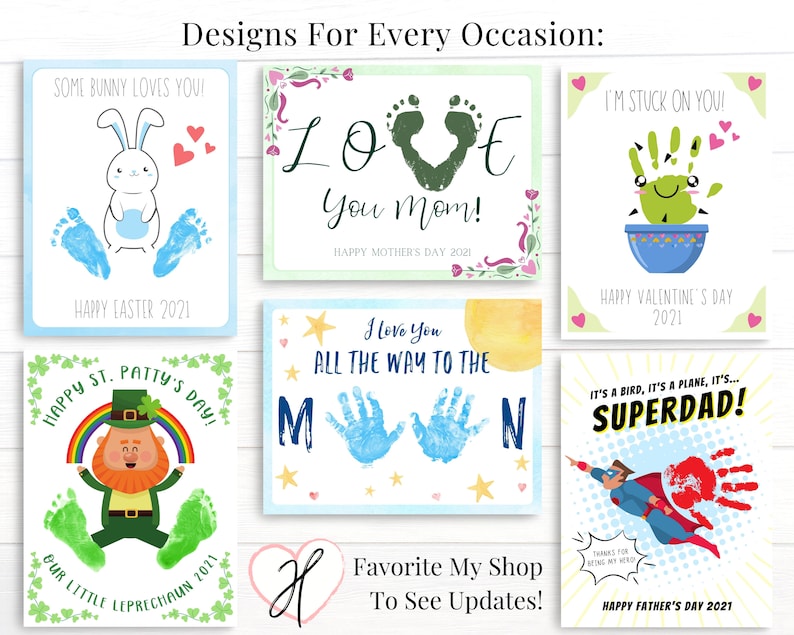 May include: A set of 10 printable cards featuring handprint art for different holidays. The cards include designs for Easter, Mother's Day, Valentine's Day, St. Patrick's Day, and Father's Day. Each card features a unique design and text.