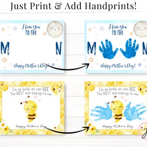 Images shows before and after handprints have been added. I love you to the moon happy Mothers Day handprint craft. I am as lucky as can bee the best mom belongs to me Happy Mothers Day handprint craft.