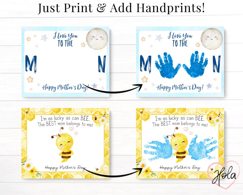 Images shows before and after handprints have been added. I love you to the moon happy Mothers Day handprint craft. I am as lucky as can bee the best mom belongs to me Happy Mothers Day handprint craft.