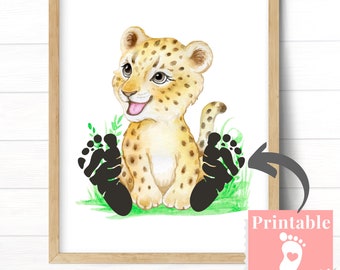 Baby Leopard Footprint Art, Unique Gift Ideas for Baby Boy, Personalized Baby Shower Gift for New Mom, Colorful Safari Jungle Decor