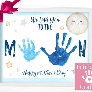Moederdagcadeau van 2 kinderen, afdrukbare handafdrukambachten, ik hou van je tot de maan, gepersonaliseerde kaart voor moeder