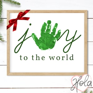 Decoración navideña hecha a mano, regalos navideños personalizados para mamá, arte de pared con huellas de manos para Navidad, signo de alegría, tarjeta navideña de niños en edad preescolar
