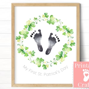 Baby&#39;s First St Patricks Day, Footprint Printable Milestone Craft, Four Leaf Clover Shamrock Wreath