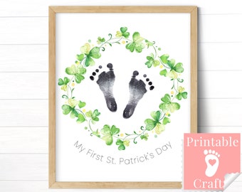 Premier jour de la Saint-Patrick de bébé, artisanat d'étape imprimable d'empreinte, couronne de trèfle à quatre feuilles