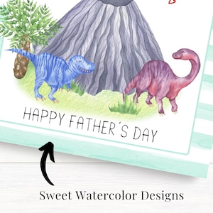 May include: A watercolour illustration of a blue dinosaur and a purple dinosaur with a volcano in the background. The text "Happy Father's Day" is written below the dinosaurs.