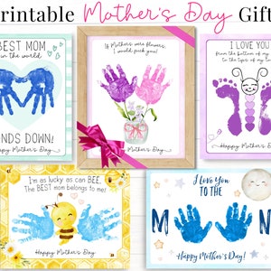 A cute set of 5 framed Mothers Day handprint crafts. Kid handprints are stamped on each page to complete the scene. Included are Best Mom hands down, handprint flowers, footprint butterfly, bumble bee, and I love you to the moon.