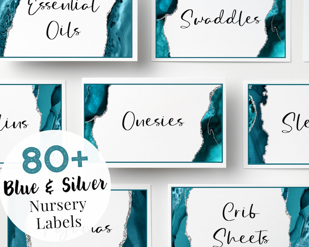 Baby Closet Printables, Set of 80 Drawer Labels, Blue and Silver Agate ...
