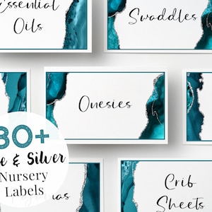 Baby Closet Printables, Set of 80 Drawer Labels, Blue and Silver Agate Nursery Organization and Toy Storage