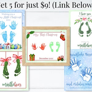 May include: Set of five printable Christmas cards featuring hand and footprint designs. The cards include the text "Wishing you a Merry Little Christmas! 2021", "My First Christmas December 2021", "I love you from the bottom of my heart", "To the tip of my mistletoes! Merry Christmas 2021", and "Snowflake Kisses and Holiday Wishes Sending you love and good cheer!"