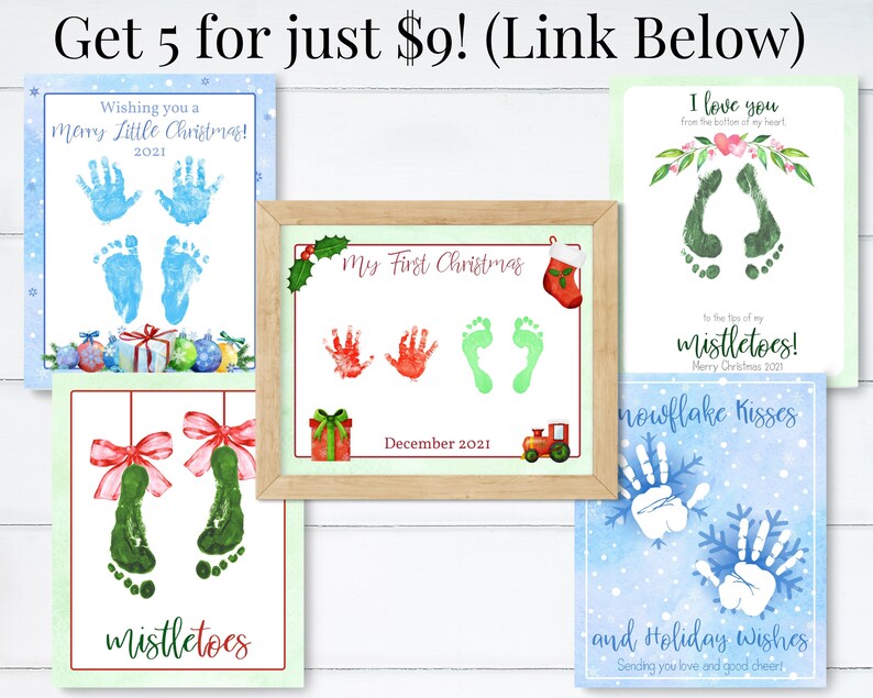 May include: Set of five printable Christmas cards featuring hand and footprint designs. The cards include the text "Wishing you a Merry Little Christmas! 2021", "My First Christmas December 2021", "I love you from the bottom of my heart", "To the tip of my mistletoes! Merry Christmas 2021", and "Snowflake Kisses and Holiday Wishes Sending you love and good cheer!"