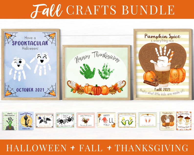 Herfstknutsels voor kleuters, handafdrukkunst peuter, afdrukbare kit, Halloween-knutsels, Thanksgiving-kaarten, herfstactiviteiten voor kinderen afbeelding 1