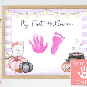 Baby Girl First Halloween Footprint Craft, Printable Keepsake Art, Baby Book Page Template or Halloween Decor