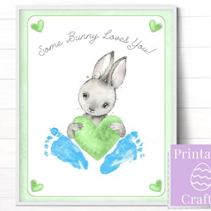 Tarjeta de pies de conejito de Pascua, plantilla imprimible con arte de huella fácil, ideas de regalos para abuelos del nuevo bebé, primera Pascua de la abuela