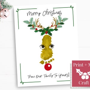 Manualidad con huellas de cara de reno, tarjetas navideñas personalizadas, actividad navideña para bebés fácil de imprimir y sellar
