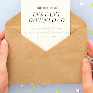 May include: A brown envelope with a white card inside. The card says "This item is an INSTANT DOWNLOAD. High-quality digital files immediately available for download after purchase!"