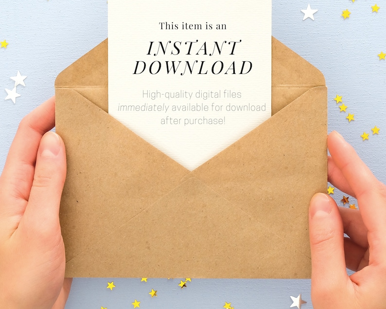 May include: A brown envelope with a white card inside. The card says "This item is an INSTANT DOWNLOAD. High-quality digital files immediately available for download after purchase!"