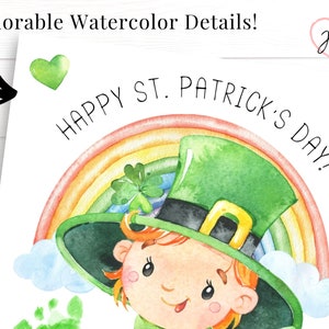 Beautiful closeup of the watercolor details on this print. Happy baby leprechaun with a large green hat, rainbow, and green hearts in the corners.