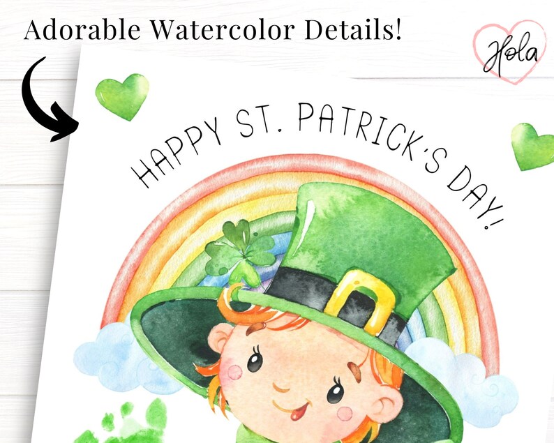 Beautiful closeup of the watercolor details on this print. Happy baby leprechaun with a large green hat, rainbow, and green hearts in the corners.