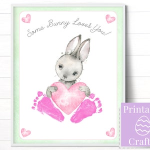 Some Bunny Loves You Baby Footprint Art, Baby Announcement or Easter Cards for Grandparents, Watercolor Baby Girl Gift