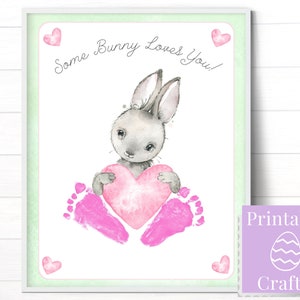 Some Bunny Loves You Baby Footprint Art, Annonce de bébé ou Cartes de Pâques pour les grands-parents, Cadeau de bébé fille aquarelle