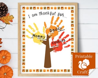 Thanksgiving-Aktivitäten für Kinder, Kunst und Handwerk, Vorschulprojekt, für das ich dankbar bin, Handabdruckbaum, druckbare handgemachte Karte
