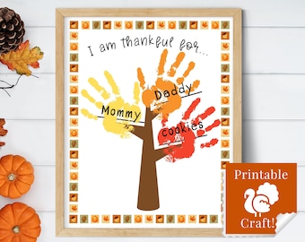 Thanksgiving-Aktivitäten für Kinder, Kunst und Handwerk, Vorschulprojekt, für das ich dankbar bin, Handabdruckbaum, druckbare handgemachte Karte