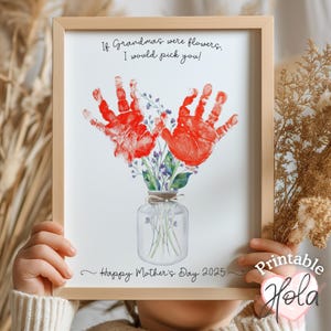 Flores con huellas de manos de abuela para el Día de la Madre, ramo con huellas de manos de nietos, regalo imprimible para abuela de 1 o 2 niños