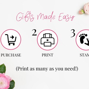 May include: A three-step guide to creating personalized gifts. The steps are purchase, print, and stamp. The image includes a shopping cart, a printer, and a hand and footprint.