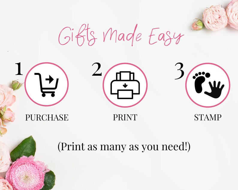 May include: A three-step guide to creating personalized gifts. The steps are purchase, print, and stamp. The image includes a shopping cart, a printer, and a hand and footprint.