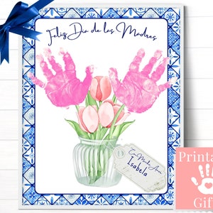 Feliz Dia de las Madres, cadeau de fête des mères espagnoles, fleurs d'empreintes de mains pour enfants, artisanat imprimable de garderie préscolaire