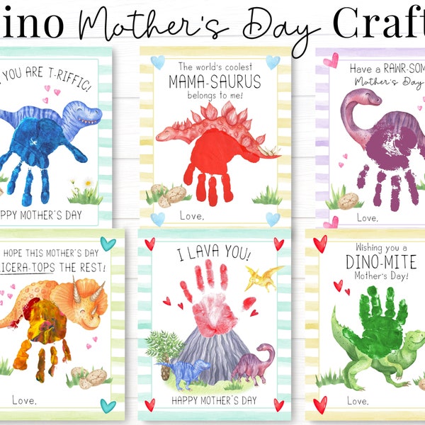 Dinosaur Mothers Day Printable Set, Mother Day Cards for Kids, Toddler Dino Crafts, Handprint Art, Kindergarten Preschool Gifts for Mom