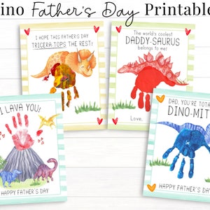 Cartes de fête des pères dinosaures d'enfants, ensemble de 4 artisanat d'empreintes de mains, cadeaux imprimables pour papa et grand-père