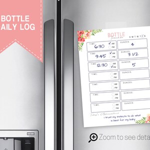 May include: A white magnetic notepad with a floral design and the text "Bottle Tracker" at the top. The notepad has a checklist for tracking feeding times and ounces of milk for a baby.