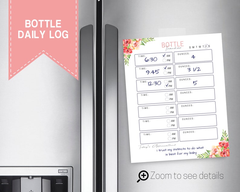 May include: A white magnetic notepad with a floral design and the text "Bottle Tracker" at the top. The notepad has a checklist for tracking feeding times and ounces of milk for a baby.