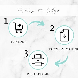 May include: A three-step guide on how to purchase, download, and print a digital product. The steps are illustrated with icons of a shopping cart, a download arrow, and a printer.
