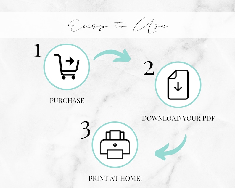 May include: A three-step guide on how to purchase, download, and print a digital product. The steps are illustrated with icons of a shopping cart, a download arrow, and a printer.