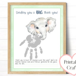 Cadeau de remerciement éléphant pour tout-petit, modèle de carte imprimable, création d'empreintes de main, cadeau personnalisé pour enseignant d'âge préscolaire ou baby-sitter
