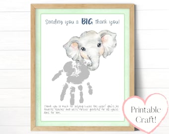 Elephant Thank You Gift From Toddler, Printable Card Template, Handprint Craft, Personalized Preschool Teacher or Babysitter Gift