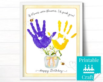 Mother Handprint Flower Birthday Gift, Personalized Kids Art for Mom, Printable Handmade Card Template from Son or Daughter