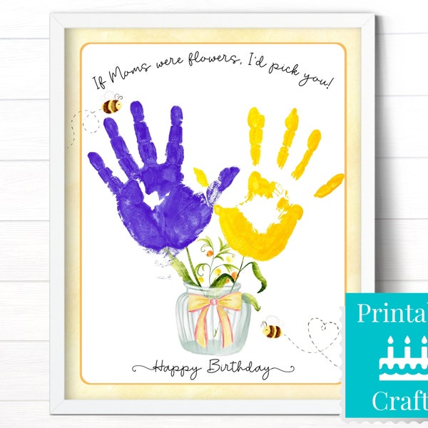 Mother Handprint Flower Birthday Gift, Personalized Kids Art for Mom, Printable Handmade Card Template from Son or Daughter