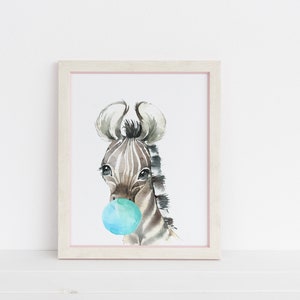 Zebra Bubble Gum Nursery Print, Noah&#39;s Arc Baby Animals, Jungle Theme Decor
