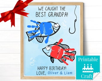 Grandpa Fishing Birthday Gift from 2 Grandkids, Printable Birthday Card, Handprint Art Craft for Kids, Custom Personalized Present